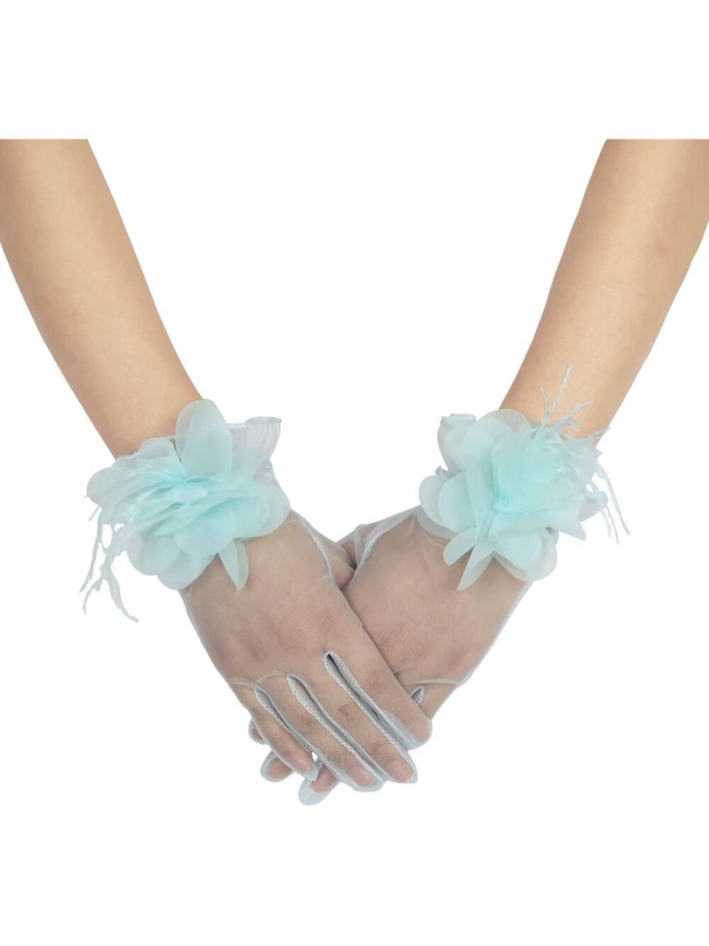 Women's Blue 100% Nylon Sheer Floral Wedding Tea Party Short Tulle Glove